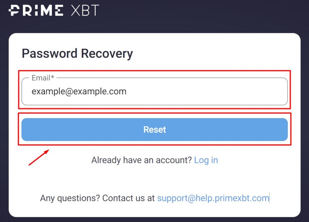 PrimeXBT password recovery.